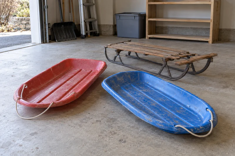 Three outgrown sleds reviewed in a private Darien garage before a long-distance move Three outgrown sleds reviewed in a private Darien garage before a long-distance move