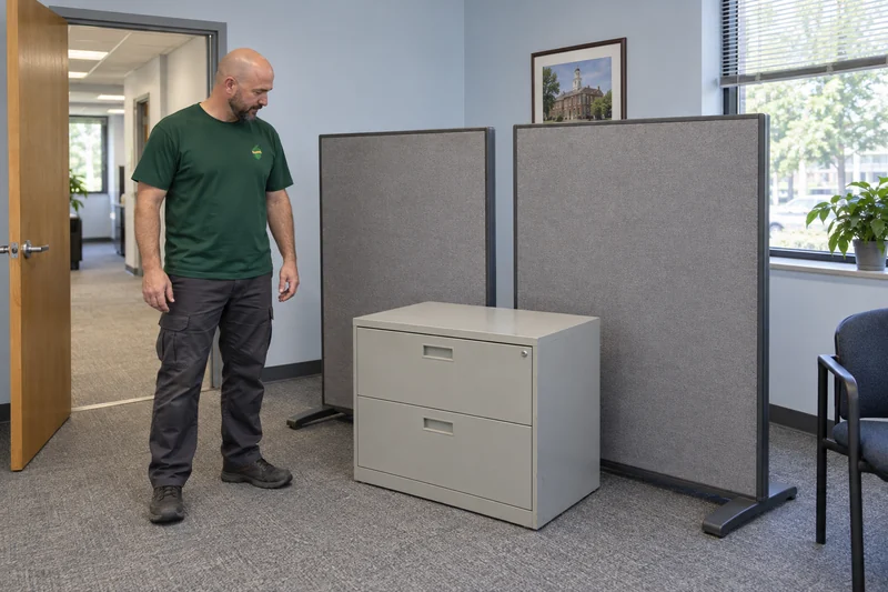 Two used office partition panels and closed filing cabinet reviewed before downsizing Two used office partition panels and a filing cabinet reviewed before a smaller local workspace