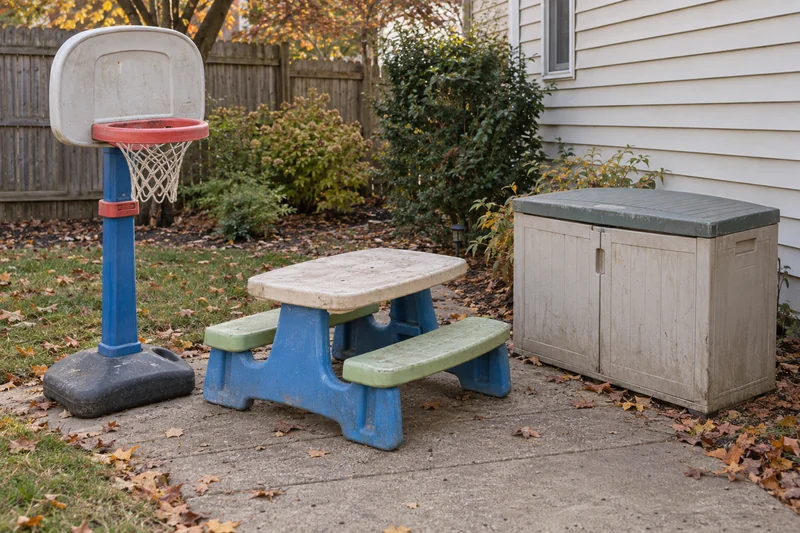 Outgrown toddler hoop, molded picnic table and closed outdoor cabinet Outgrown portable basketball hoop, child's picnic table and outdoor cabinet beside a clear private path