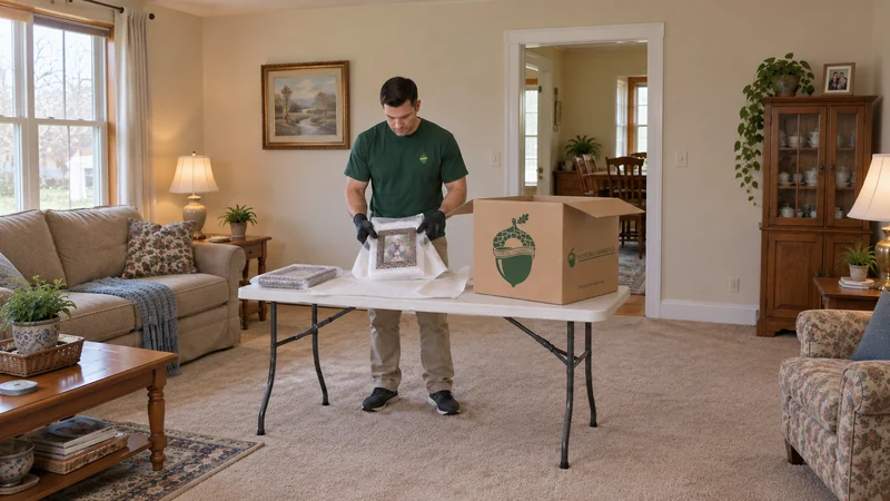 Small glazed frames prepared on a clean surface A mover wraps a small glazed frame close over a padded table beside an open medium carton