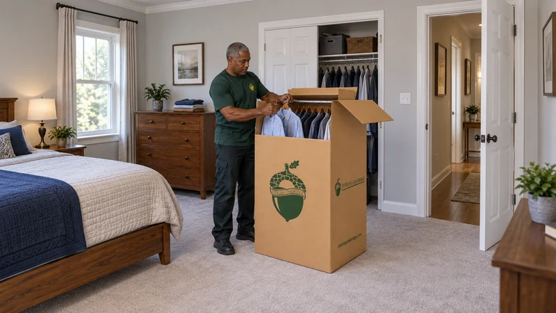 Hanging clothing prepared for the shipment A mover places hanging shirts onto the supported rail of a deep wardrobe carton in a bedroom