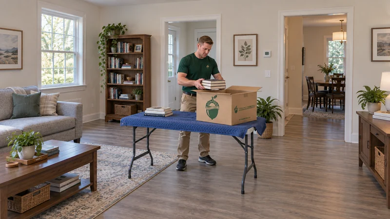 Priority books opened onto a flat surface A mover lifts books from a low book carton onto a designated flat table in a receiving room