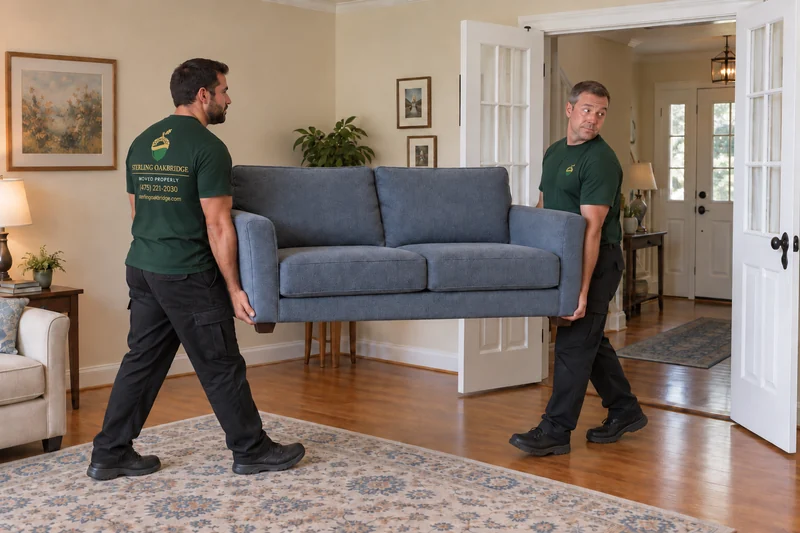 Two company movers carrying an old loveseat toward a private Edison exit Two company movers carrying an old loveseat toward a private Edison exit