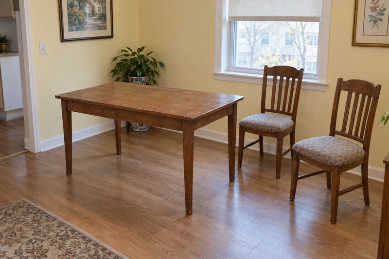 A surplus wooden table and two chairs reviewed before an Edison household moves into smaller local homes A surplus wooden table and two chairs reviewed before an Edison household moves into smaller local homes