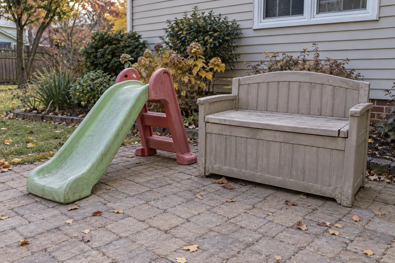 An outgrown plastic slide and worn outdoor storage bench reviewed before an Edison long-distance move An outgrown plastic slide and worn outdoor storage bench reviewed before an Edison long-distance move