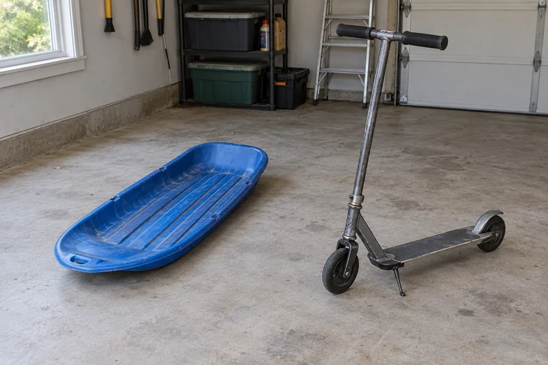 An old manual scooter and plastic sled reviewed before an illustrative Egg Harbor City interstate move An old manual scooter and plastic sled reviewed before an illustrative Egg Harbor City interstate move