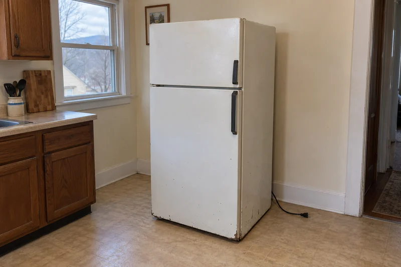 An old refrigerator reviewed before an illustrative Ellenville appliance replacement An old refrigerator reviewed before an illustrative Ellenville appliance replacement