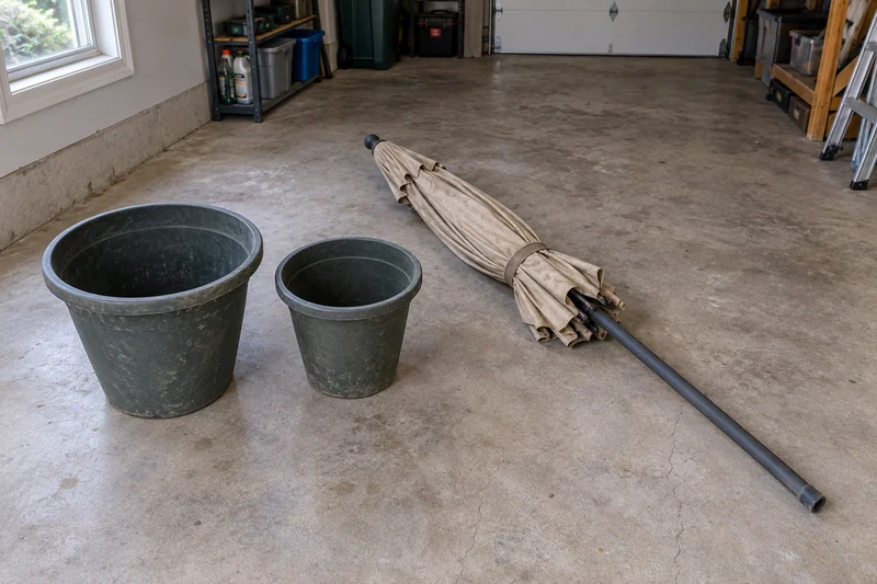 Two old plant pots and a folded umbrella reviewed before an illustrative Ellenville interstate move Two old plant pots and a folded patio umbrella reviewed before an illustrative Ellenville interstate move