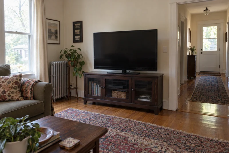 An old unpowered television on a retained media cabinet beside a clear route through the room