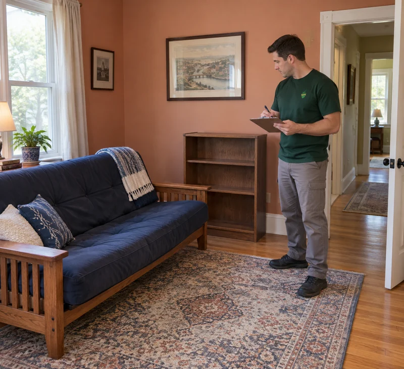 A mover reviewing a used futon sofa and empty bookcase in a former guest-study room