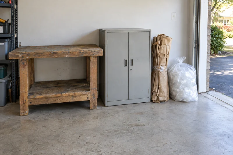 A redundant workbench and utility cabinet grouped separately from used paper and film near a garage exit