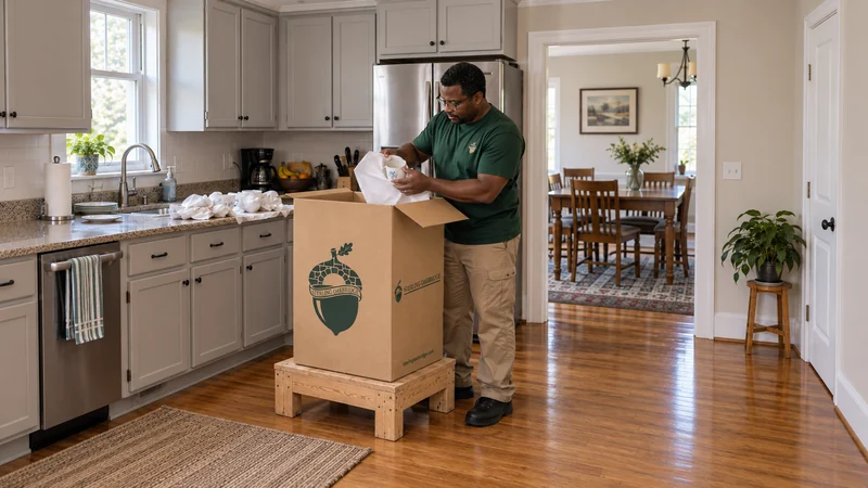 Everyday cups receive protection before the carrying window A mover wraps an ordinary cup over a clear kitchen counter beside a tall China carton