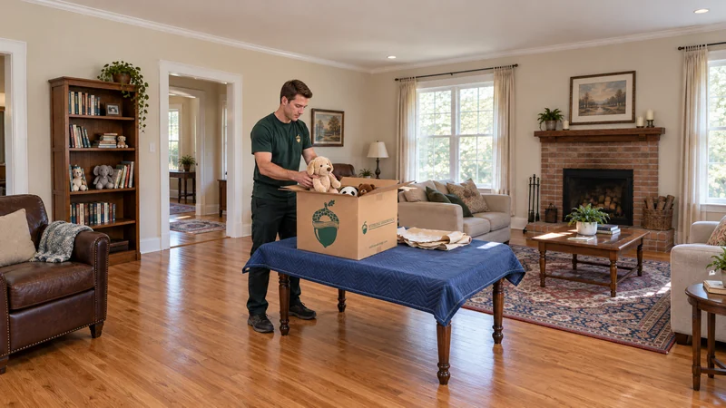Most family belongings pack while a small overnight group stays available A mover packs soft toys into a medium carton in a family room while a small essentials group stays separate