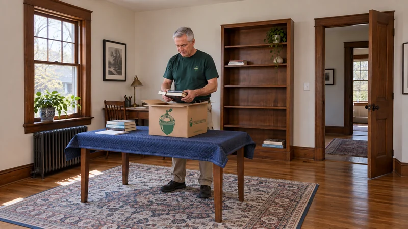 Selected books unpack onto a designated table A mover unpacks books from a compact Book carton onto a clear stable table in a receiving study