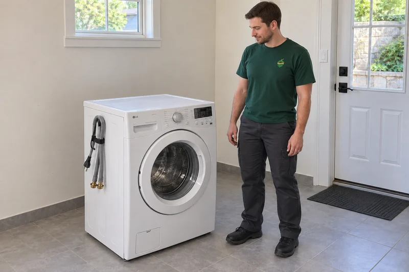 A disconnected old washing machine reviewed before replacement in Great Neck A disconnected front-loading washer beside a company worker in a Great Neck utility room