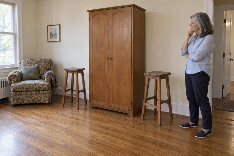 A surplus wardrobe and two stools reviewed before local downsizing in Great Neck A resident reviewing a wardrobe and two surplus wooden stools before a smaller local home