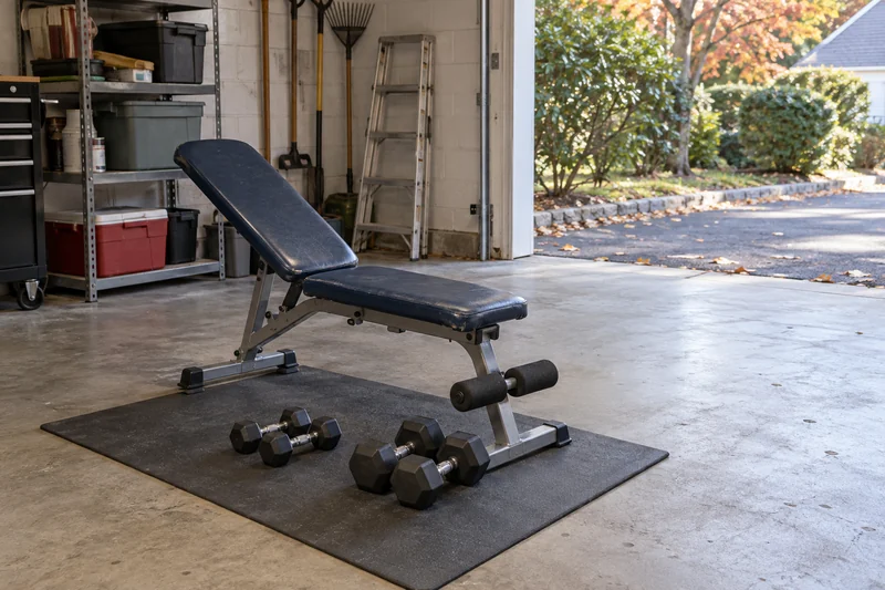 An unused manual weight bench and dumbbells separated before a Great Neck departure An unused manual weight bench and two pairs of dumbbells reviewed in a private Great Neck garage