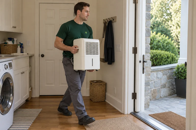 An adult company mover carrying an old unplugged dehumidifier toward a private Greenwich exit An adult company mover carrying an old unplugged dehumidifier toward a private Greenwich exit