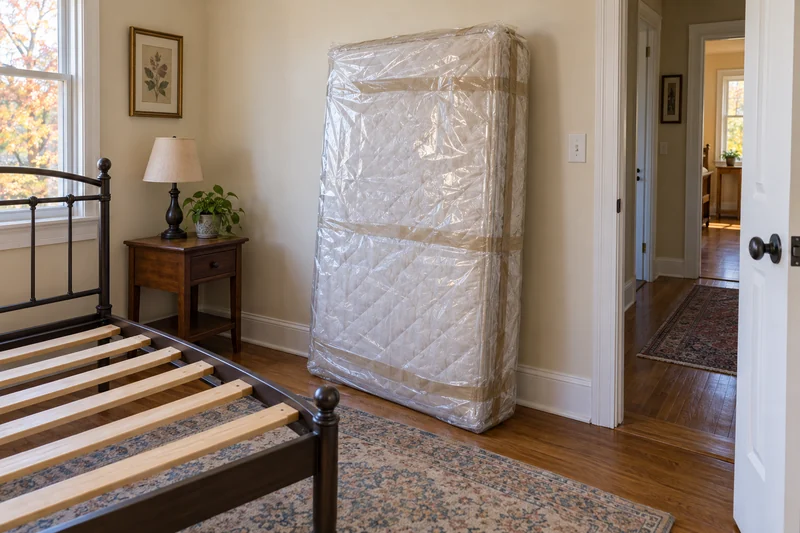 An old mattress completely enclosed in clear plastic, separated from retained bedroom furniture