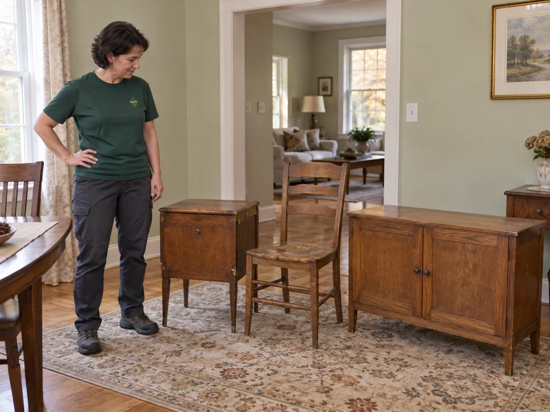 A mover reviewing three surplus wood pieces in an illustrative inherited-home inventory
