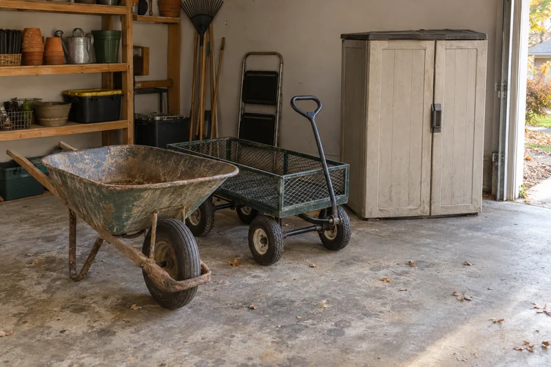 An old wheelbarrow, garden utility cart and resin cabinet awaiting an inventory decision