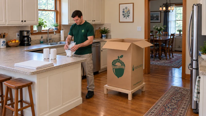 A mover wraps a drinking glass over a padded kitchen counter beside a tall china carton