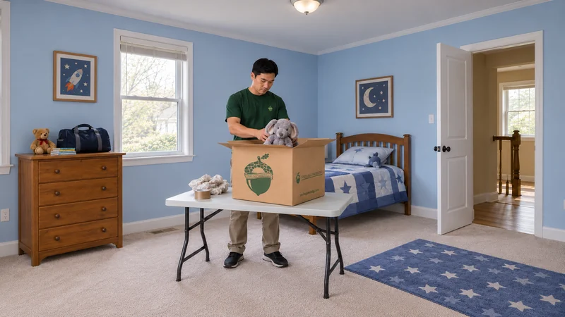 A mover packs a soft toy into a medium carton while one familiar toy remains separate on a dresser