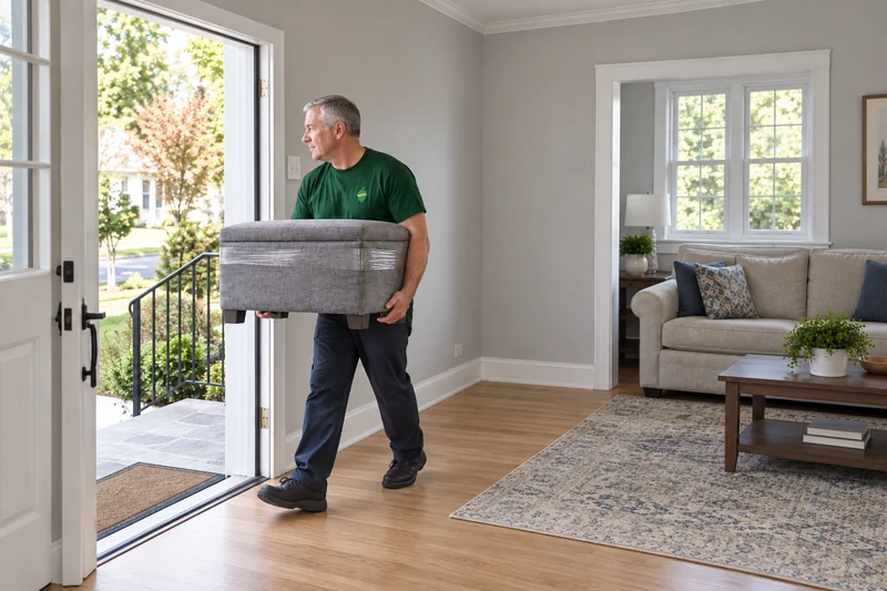 An adult company mover carrying an old storage ottoman toward a private Hauppauge exit An adult company mover carrying an old storage ottoman toward a private Hauppauge exit