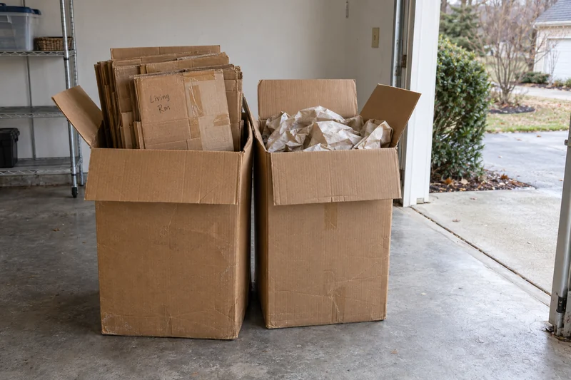 Used flattened cartons and packing paper staged in open collection cartons in a private Hauppauge garage Used flattened cartons and packing paper staged in open collection cartons in a private Hauppauge garage