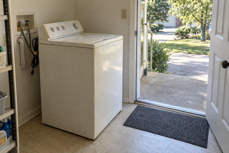 An old white washing machine in a ground-floor utility room beside a broad clear exit