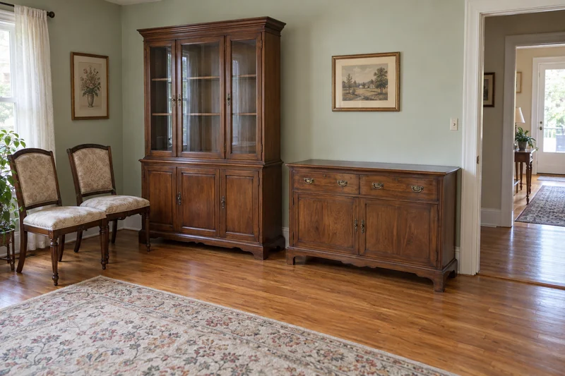 An empty china hutch, low sideboard and two spare dining chairs grouped in a modest dining room before carrying preparation