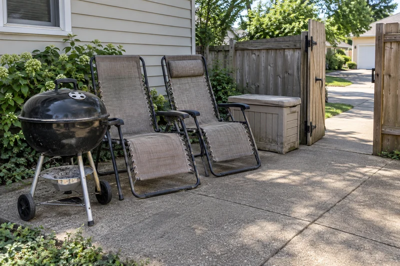 A worn charcoal grill, faded patio loungers and a storage box grouped beside a clear backyard gate