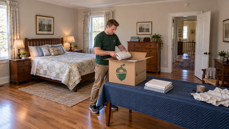 Household linen prepared while essentials remain separate A mover packs folded linen into a medium carton beside a dresser in an older family bedroom