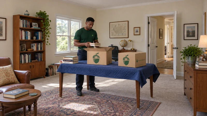 Dense books use compact manageable cartons A mover packs books into a compact Book carton on a protected table in a home study