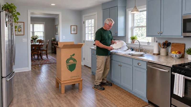 Everyday dishes unpacked onto a clear counter A mover unwraps a plate beside a tall China carton and lays kitchenware on a clear receiving counter