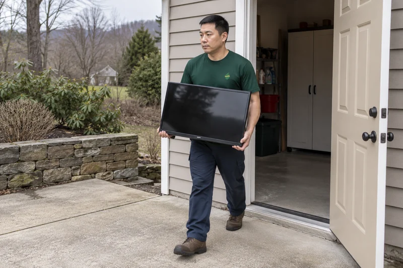 An adult company mover carrying an old unplugged television toward a private Milford Pennsylvania exit An adult company mover carrying an old unplugged television toward a private Milford Pennsylvania exit