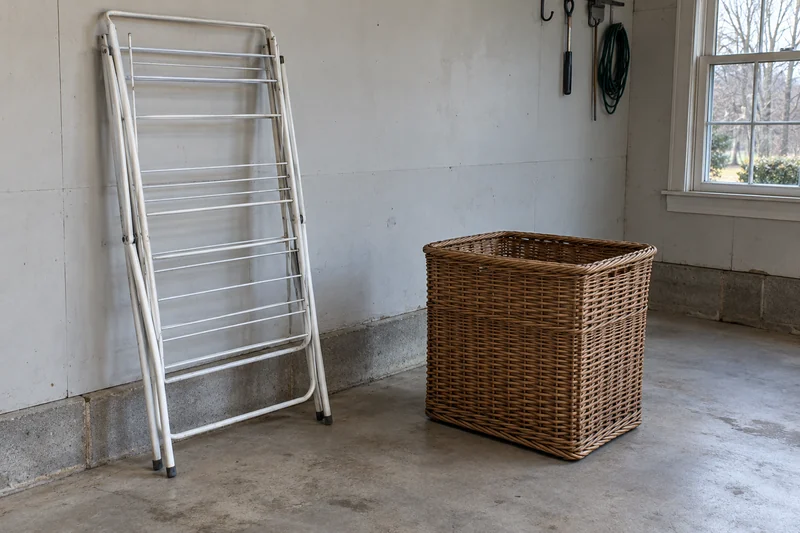 A folded drying rack and wicker hamper reviewed before an illustrative Milford Pennsylvania interstate move A folded drying rack and wicker hamper reviewed before an illustrative Milford Pennsylvania interstate move