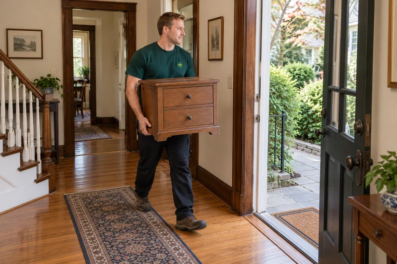 An old nightstand carried toward a private Montclair exit A company mover carrying an empty old nightstand toward a private Montclair exit