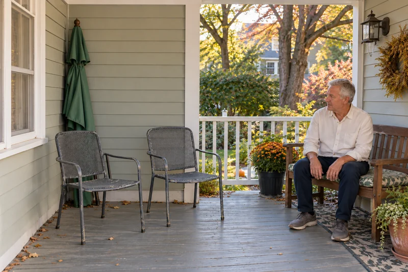 Surplus patio chairs and an umbrella before a smaller Montclair home A resident reviewing two surplus patio chairs and a folded umbrella before local downsizing