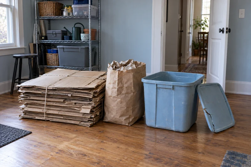 Used packaging and an outgrown broken bin sorted before a Montclair departure Used cardboard and packing paper separated from an outgrown broken plastic bin in a Montclair storage room