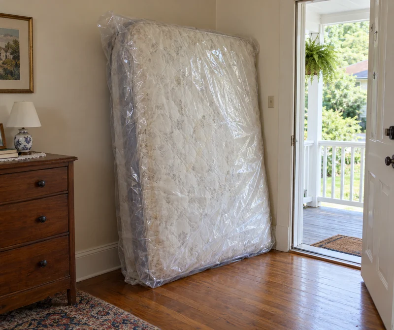 Used adult mattress wrapped in clear plastic beside a home exit A used adult mattress enclosed in clear plastic beside a broad clear home exit