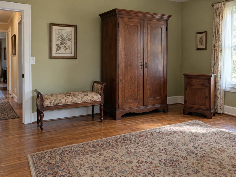 Armoire, upholstered bench and bedside cabinet in a clear sitting room An armoire, upholstered bench and bedside cabinet grouped in a clear former sitting room