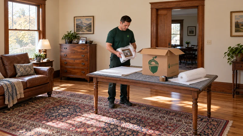 Small glazed frames prepared before furniture handling A mover wraps a small glazed family picture over a padded table beside a medium carton