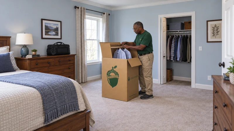 Clothing follows the destination and overnight plan A mover places hanging clothes on the internal rail of a wardrobe carton in a bedroom