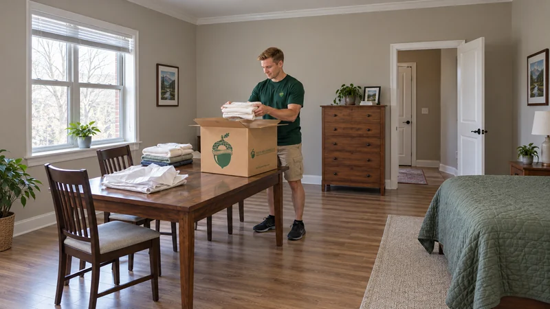 Priority linen unpacked onto a suitable table A mover unpacks folded linen from a medium carton onto a clear table in a receiving apartment