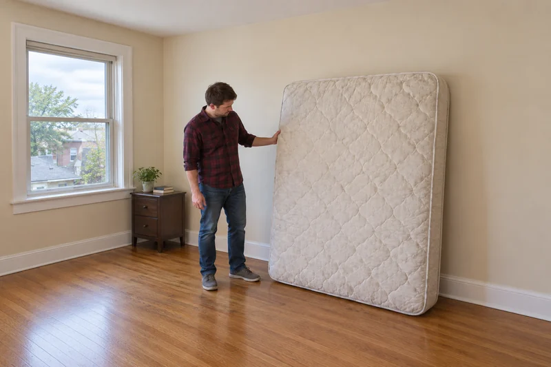 A resident reviewing an old queen mattress before an illustrative New Haven apartment replacement A resident reviewing an old queen mattress before an illustrative New Haven apartment replacement