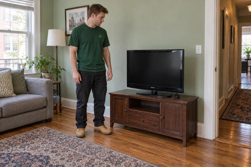 An old television reviewed before removal in a Newark living room An unplugged old television reviewed beside a company worker in a Newark living room