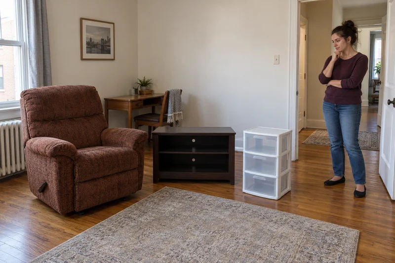 Shared surplus furniture reviewed before two local moves in Newark A resident reviewing a recliner, short television stand and plastic drawers before a local household separation