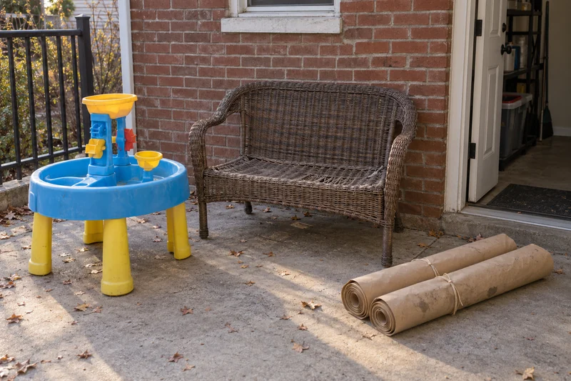 Outgrown outdoor items and used floor protection prepared before a Newark departure An outgrown water-play table, worn wicker bench and used dry floor-protection rolls staged on a private Newark patio