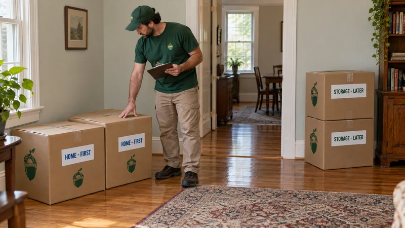 A Sterling Oakbridge worker beside separate completed carton groups labeled HOME - FIRST and STORAGE - LATER